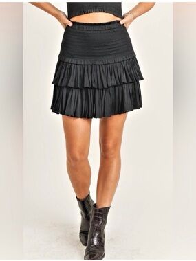 Tiered Ruffle Mini Skirt with Smocked Waist - Black